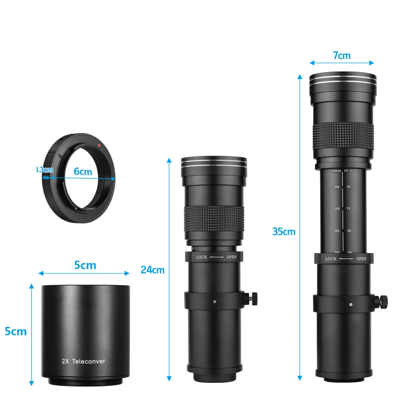 Lente de Zoom para cámara MF Super teleobjetivo F/8,3-16 420-800mm, montaje en T + juego de filtros UV/CPL/FLD + lente teleconvertidor 2X 420-800mm - imagen 3