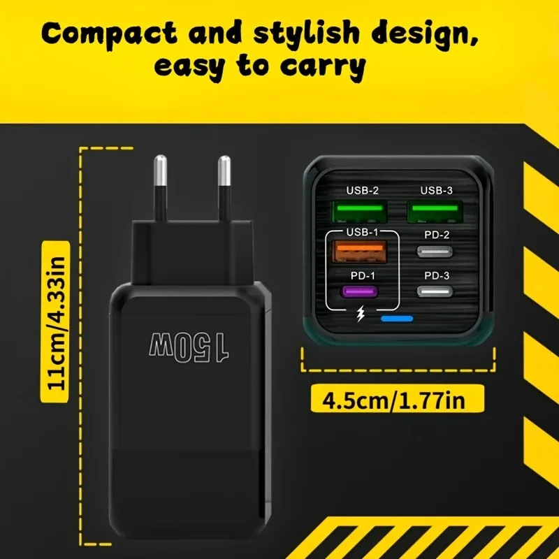 Estación de carga rápida Pd QC Usb C de 150W y 6 puertos para teléfonos móviles, adaptador de cargador de pared, carga súper rápida para Iphone, Ipad, Xiaomi, etc. - imagen 5