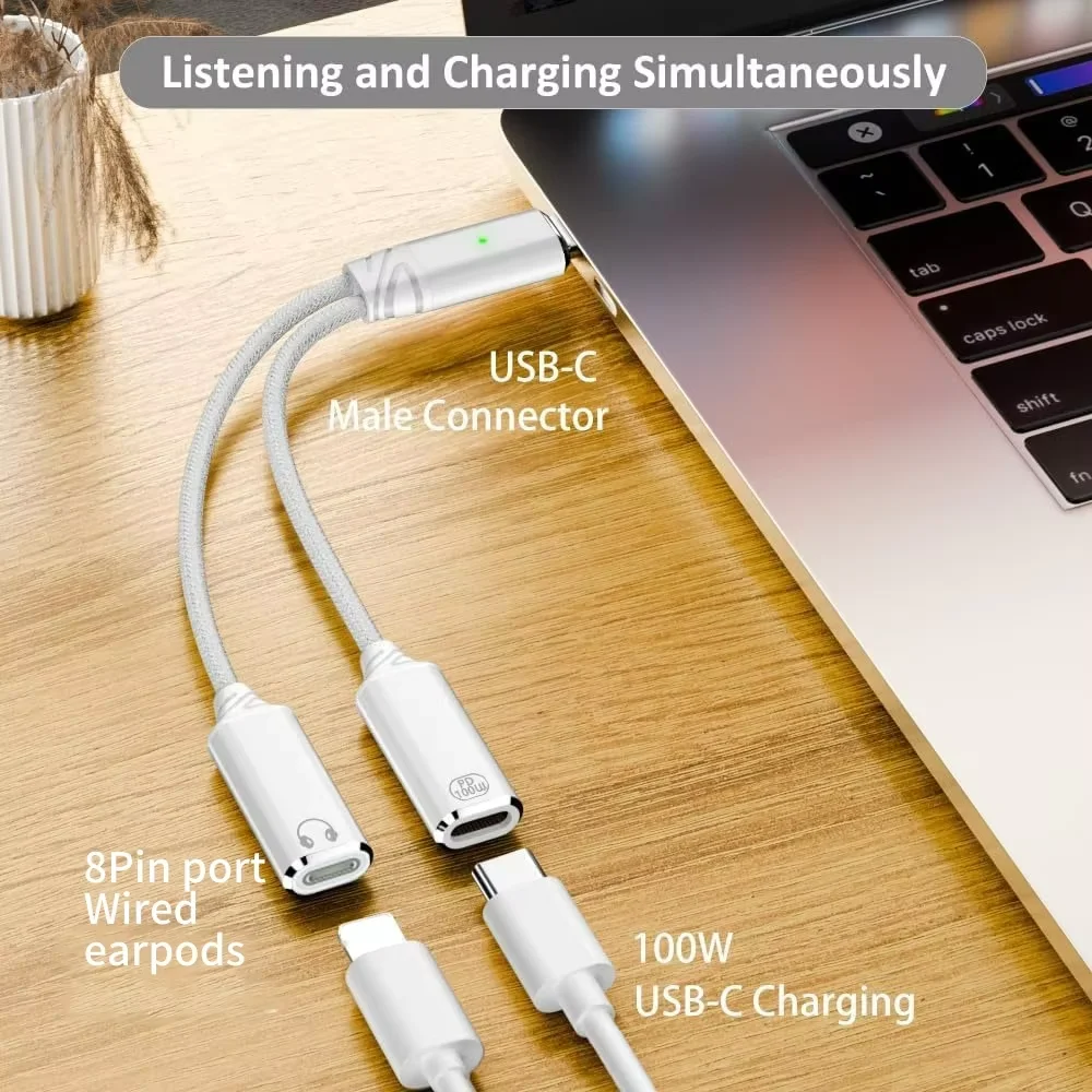 Adaptador USB C a auriculares y cargador 2 en 1 tipo C a IOS auriculares con cable de 8 pines con carga rápida PD 100W para teléfono portátil 16/15 - imagen 2