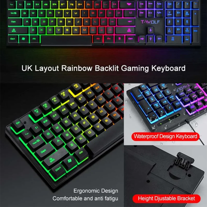 Juego de teclado y ratón con cable TF31, retroiluminado RGB, resistente al agua, luminoso, teclado de 104 teclas, ratón y alfombrilla de ratón ajustables DPI como regalo - imagen 5