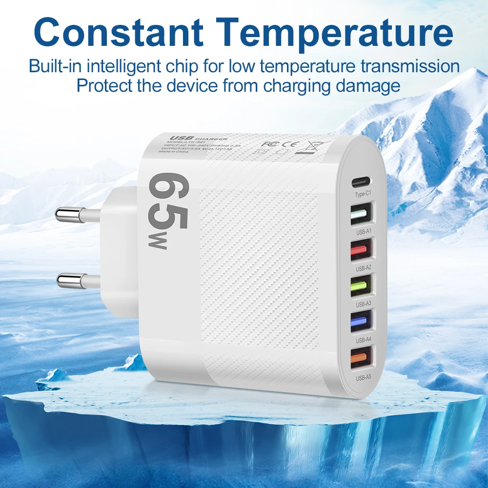 Cargador USB de carga rápida para teléfono, dispositivo de carga de pared Universal para iPhone 15 14 Samsung Xiaomi 2024, 6 puertos, 65W, gran oferta - imagen 5