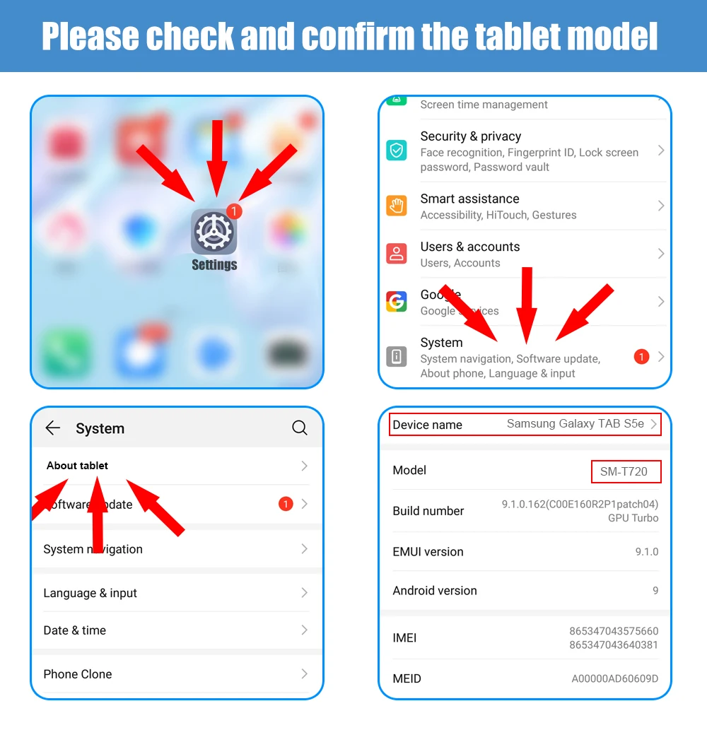 Una captura de pantalla de una tableta Samsung con flechas rojas que apuntan a diferentes secciones