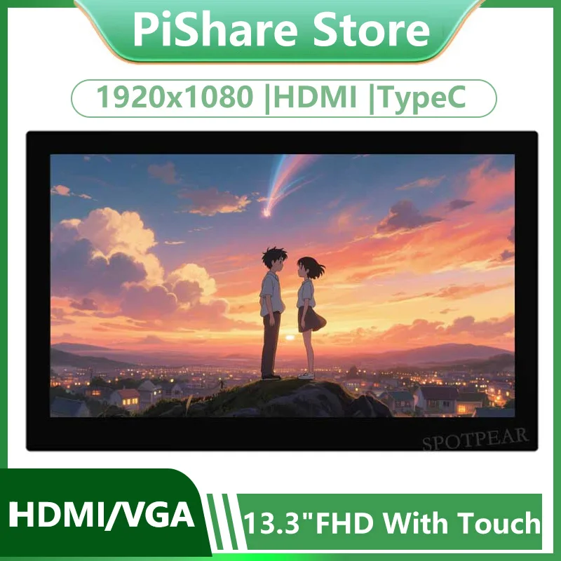 Raspberry Pi-Monitor LCD FHD de 13,3 pulgadas, 1920 × 1080, pantalla táctil capacitiva de 13,3 pulgadas, tipo C/HDMI para ordenador y PC