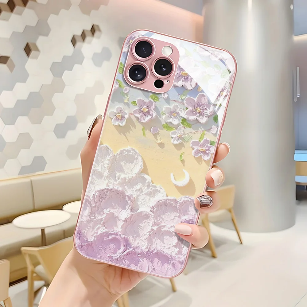Funda de teléfono de vidrio templado para iPhone 13 11 16 17 Pro Max 17 Air 14 15 12 16E XR X Xs 7 8 Plus SE Funda de flores a prueba de golpes - imagen 2