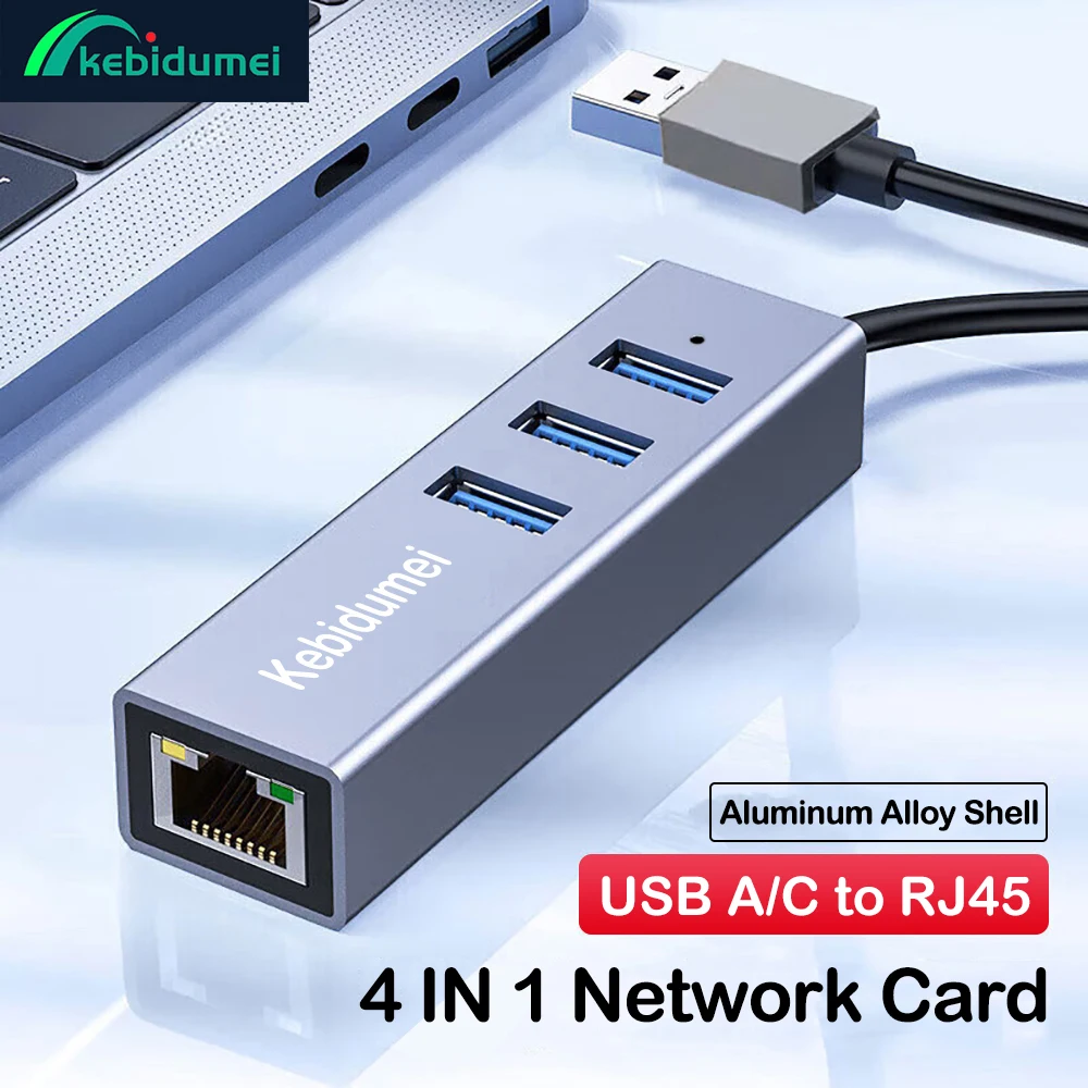 Kebidumei-tarjeta de red con cable, 1000Mbps, 4 en 1, adaptador HUB USB 3,0, USB 3,0 tipo C a RJ45, convertidor Ethernet Giagbit para MacBook y PC