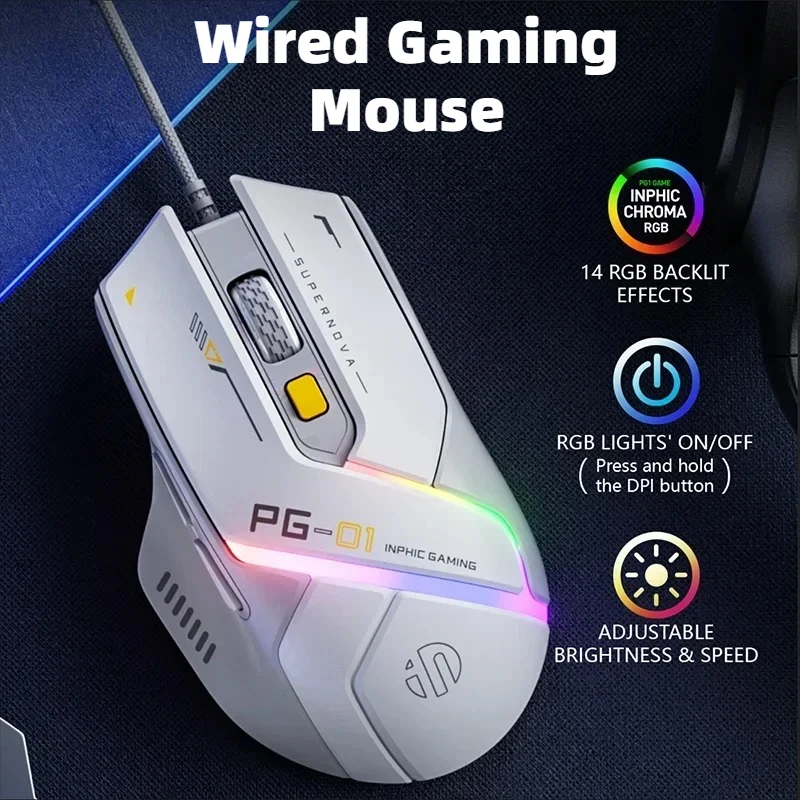 Ratón para juegos por cable PG-01, retroiluminación RGB, programación Macro, 12800DPI, 7000FPS, 1000HZ, velocidad de retorno, 60IPS, ergonómico, para deportes electrónicos