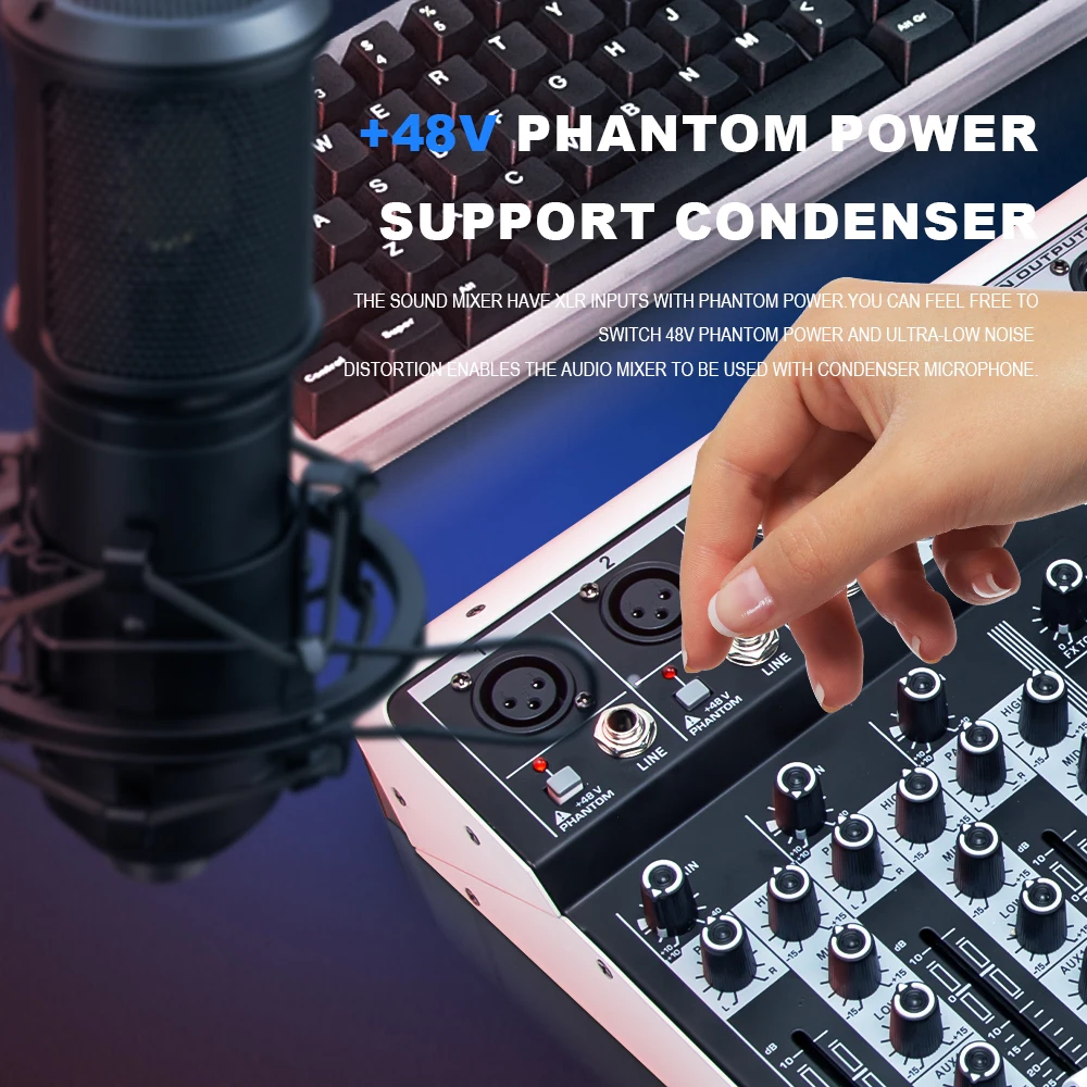 Mezclador de Audio profesional de 4, 6, 8 canales, consola mezcladora de sonido con interfaz USB, 99DSP, 48V, alimentación fantasma para grabar transmisión - imagen 5