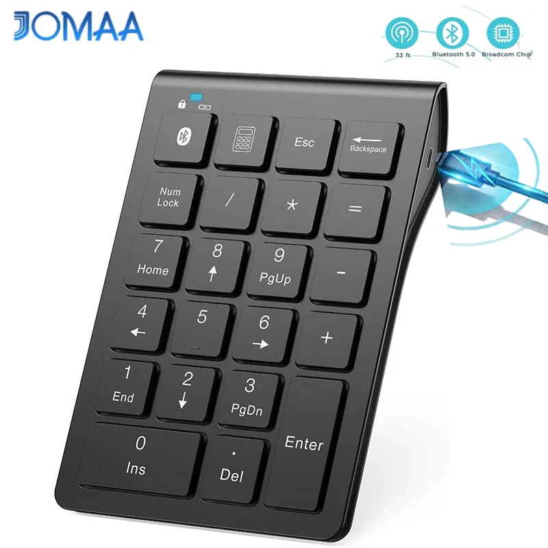 JOMAA-alfabro numérico inalámbrico con Bluetooth, teclado numérico recargable de 22 teclas, portátil, delgado, para entrada de fecha, ordenador portátil