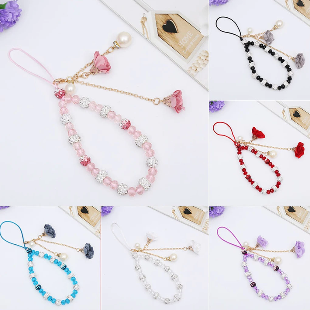 Correas Cordón de flores Llavero con cuentas románticas Correa cuerda colgante Pulsera antipérdida Adornos para bolso Mujer Blanco - imagen 5