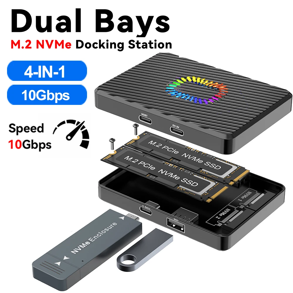 Carcasa Dual Bay NVMe SATA SSD M.2 caja de disco duro Dual NVMe 10Gbps USB C 3,2 GEN2 adaptador de caja de disco duro externo