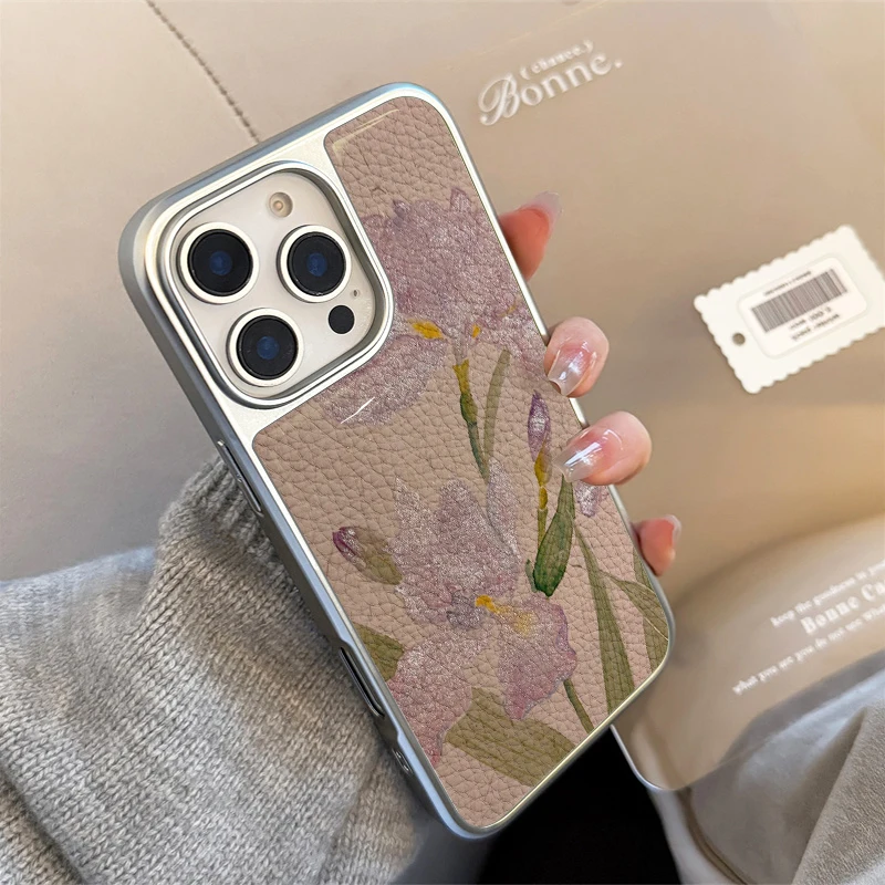 Funda de teléfono con textura de cuero de lirio púrpura Noble y elegante para iPhone11/12/13/14/15/16/17 Pro Max AIR PLUS