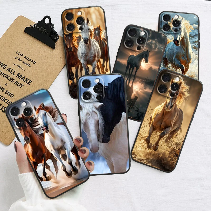 Horse Fierce Cool Art para iPhone 15 14 13 12 11 XS XR X 8 7 SE Pro Max Plus Mini Funda negra para teléfono