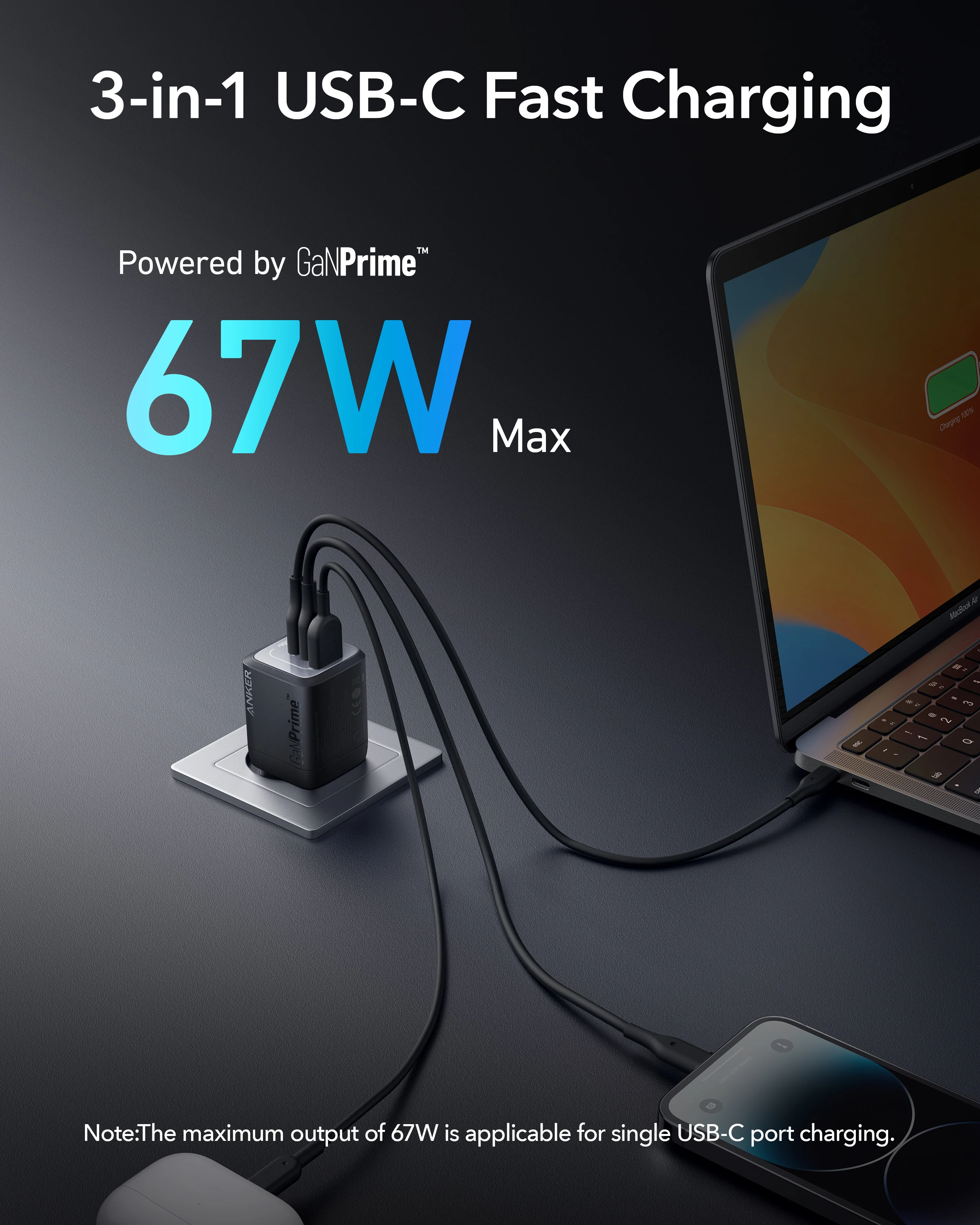 Cargador Anker Prime USB C de 67 W, cargador de pared Anker GaN, cargador PPS rápido compacto de 3 puertos, para MacBook Pro/Air, iPhone 15, iPad Pro - imagen 2
