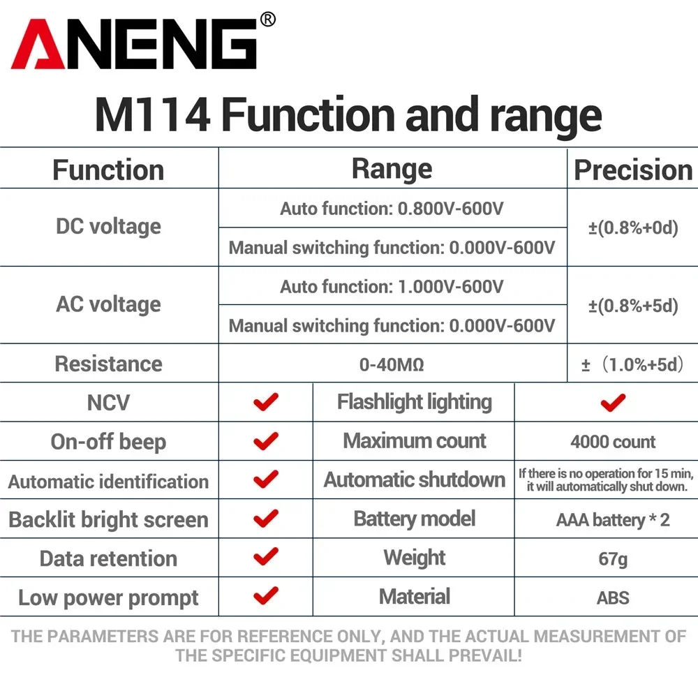 ANENG-multímetro M114, probador de voltaje CA/CC de 600V, medidor de resistencia NCV 40MΩ, multímetro de 4000 recuentos con valores eficaces verdaderos y herramientas de zumbador - imagen 5