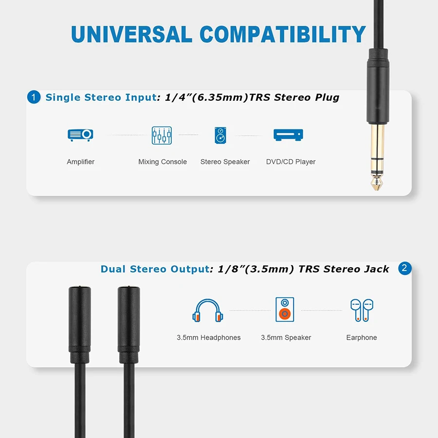 Adaptador de Audio auxiliar Jack de 6,5mm a 3,5mm, 6,35mm, 1/4 TRS a Cable de extensión estéreo Dual de 3,5mm para amplificador, mezclador de auriculares y altavoz - imagen 3