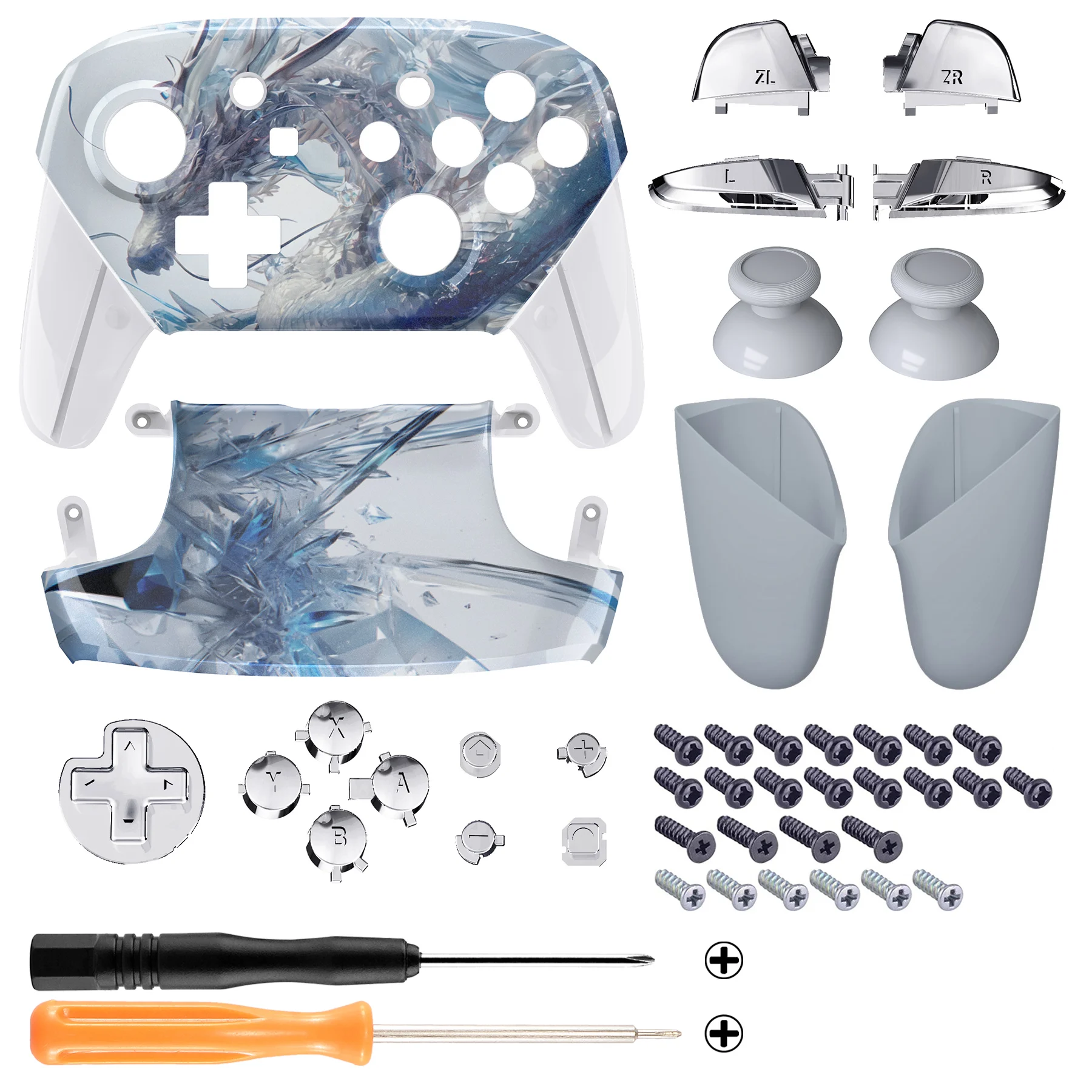 EXtremeRate-empuñaduras de placa frontal para Nintendo Switch Pro, carcasa de repuesto con botón de juego completo, dragón de cristal - imagen 2