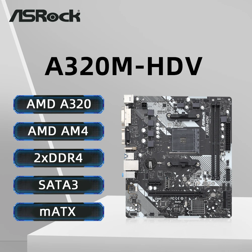 Placa base ASROCK A320M-HDV compatible con AMD Ryzen 5 5600 Ryzen 7 5700X3D DDR4 3200+(OC) NVME M.2 interfaz PCIe 3,0 AM4 placa base