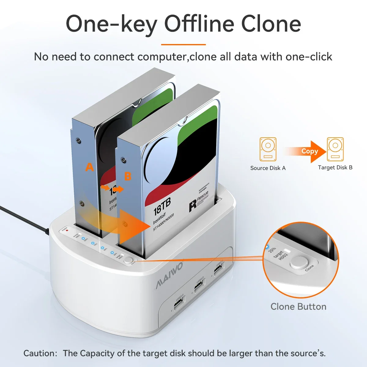 MAIWO-estación de acoplamiento de disco duro de doble bahía, USB 3,0 a SATA, 2,5/3,5 pulgadas, SSD, HDD, carcasa de disco duro externo con Clon - imagen 2