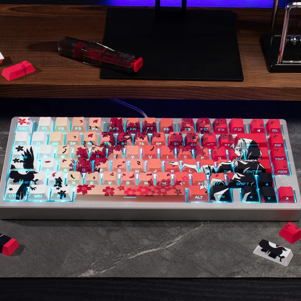 131 teclas Raven Sakura Keycaps Dye Sub Cherry perfil PBT Keycaps impresión lateral brillo retroiluminado para teclado mecánico Mx 108 96 87 - imagen 2