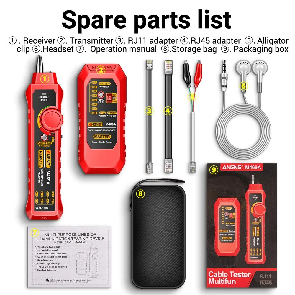 ANENG M469A M469A Buscador de cables de red RJ45 RJ11 Buscador de cables LAN Probador Instrumento de prueba antiinterferencias Reparación de redes - imagen 5