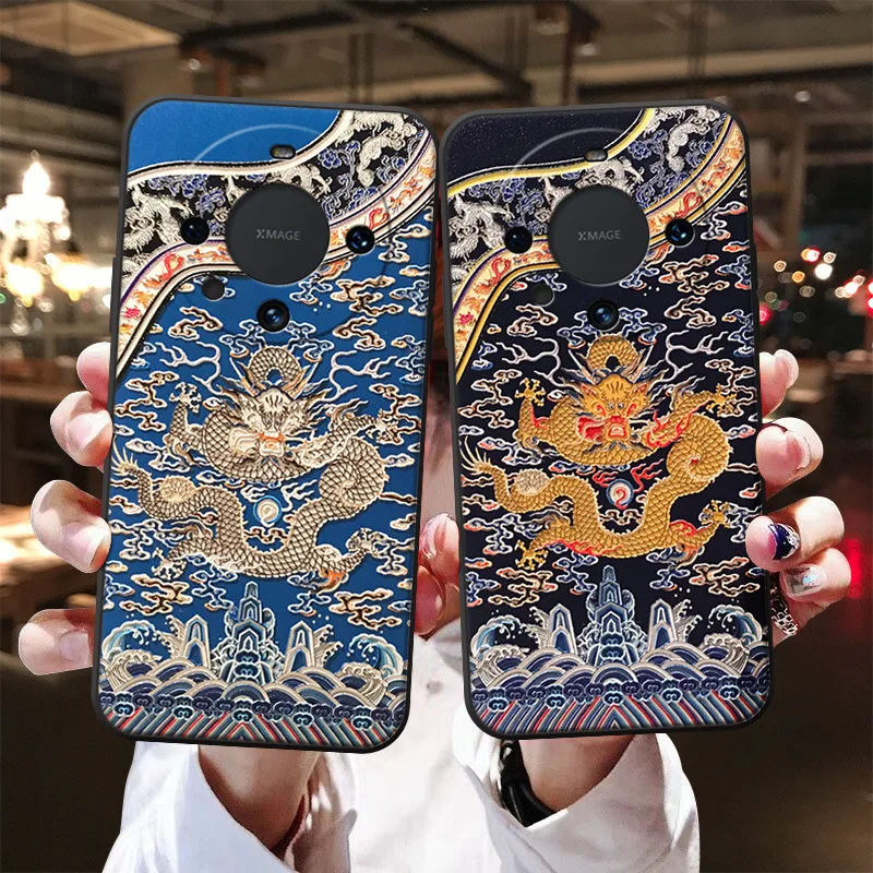 Funda en relieve 3D para Huawei Mate 60 50 40 30 20 Pro Pura 70 P60 P50 P40 P30 P20 funda Floral de dragón Fénix Fundas suaves