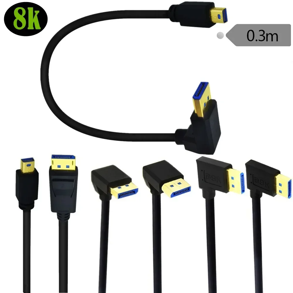 8K 60Hz Mini DisplayPort a DP codo línea de 90 grados macho a macho Cable de Monitor de conexión de tarjeta gráfica 1,4 V-30cm