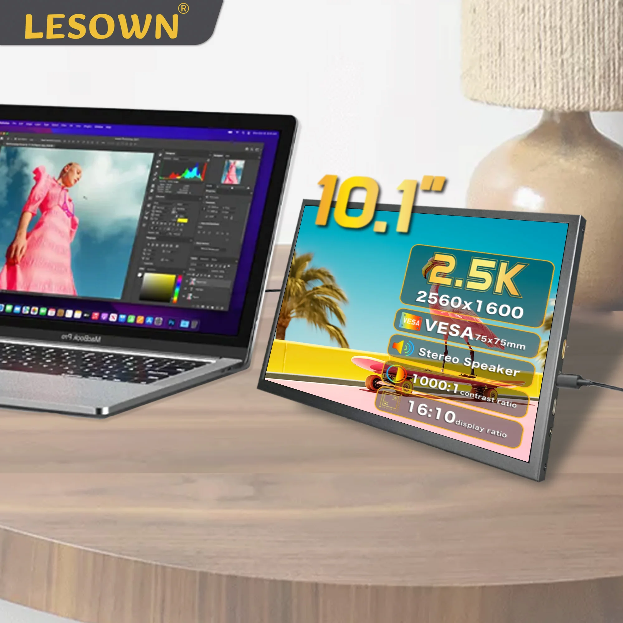 LESOWN pantalla portátil pequeña 10,1 pulgadas 2560x1600 IPS HDMI tipo C pantalla táctil Monitor de ordenador para juegos CCTV Raspberry Pi PC