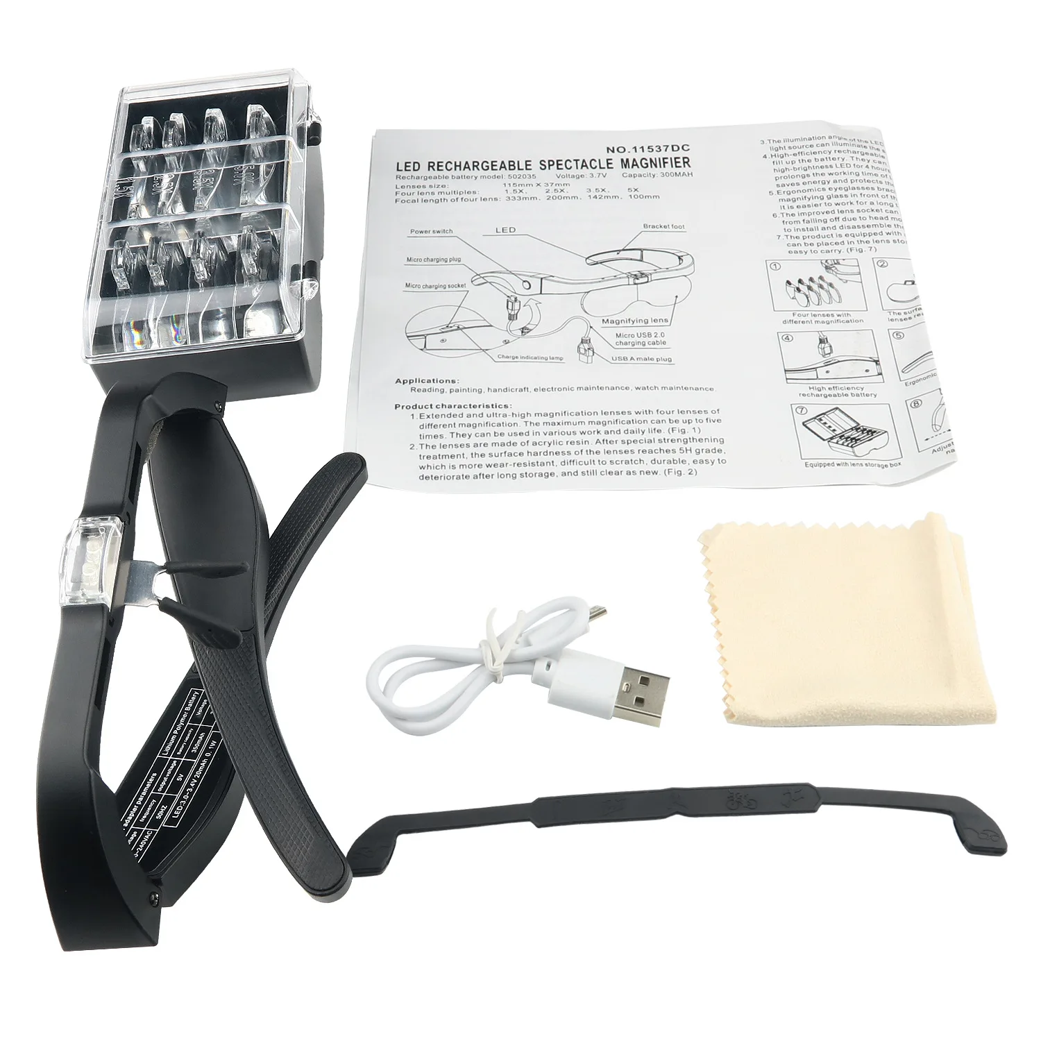 1.5X 2.5X 3.5X 5.0X Lupa de gafas iluminada LED Espejo de reparación recargable por USB para lectura, reparación de relojes, etc. - imagen 3