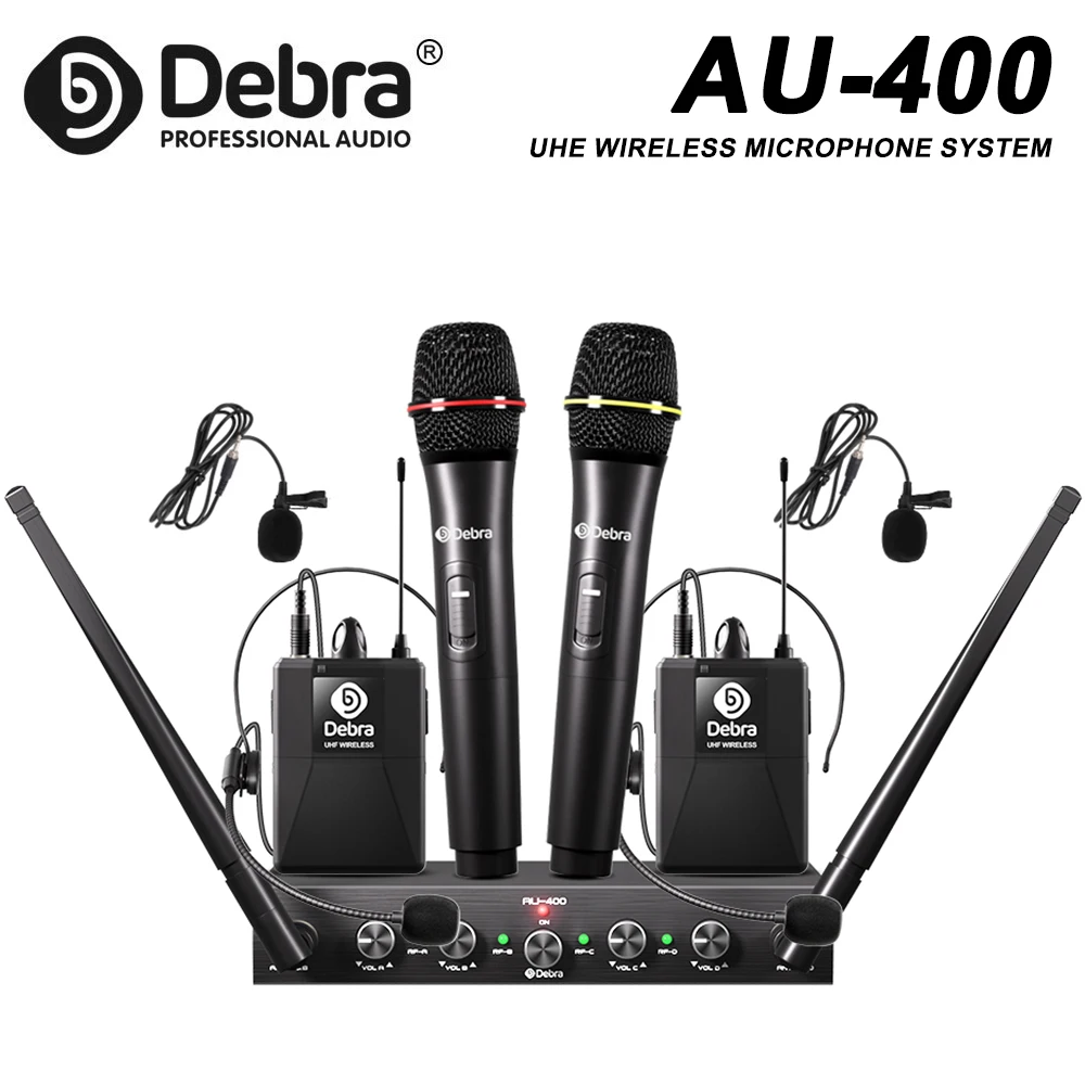 Debra AU-400 Sistema con micrófono inalámbrico portátil de cuatro canales UHF, con micrófonos de solapa y auriculares para actuaciones de banda