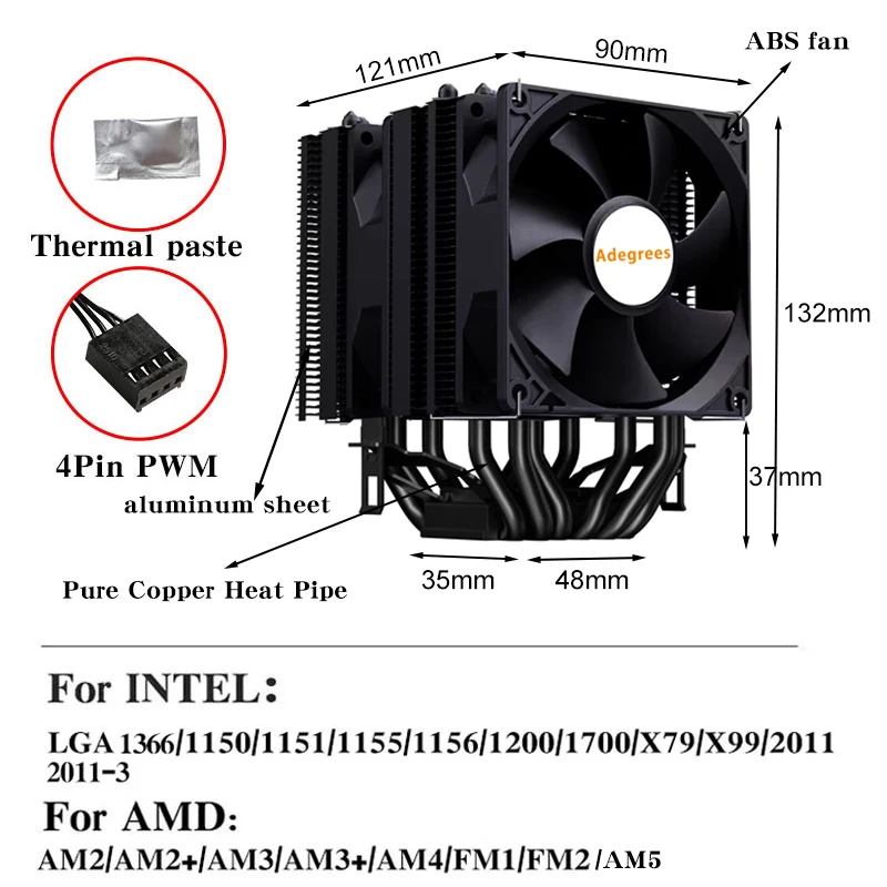 6 tubos de calor CPU enfriador refrigerado por aire 4PIN PWM TDP 170W radiador de procesador de PC para Intel LGA 1700 1200 115X 2011 X99 X79 AMD AM4 AM5 - imagen 3