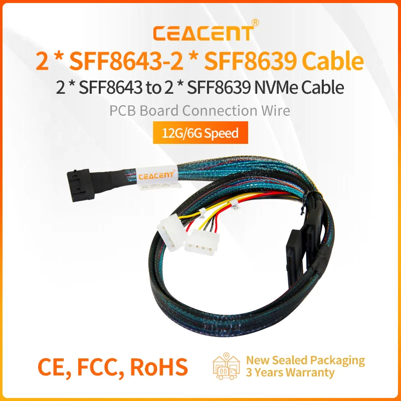 2 * SFF8643 a 2 * SFF8639 12Gb/NVMe MiniSAS HD a U.2 80CM Cable de longitud 20CM PowerLine grande de 4 pines para tarjeta Broadcom 94xx HBA/RAID