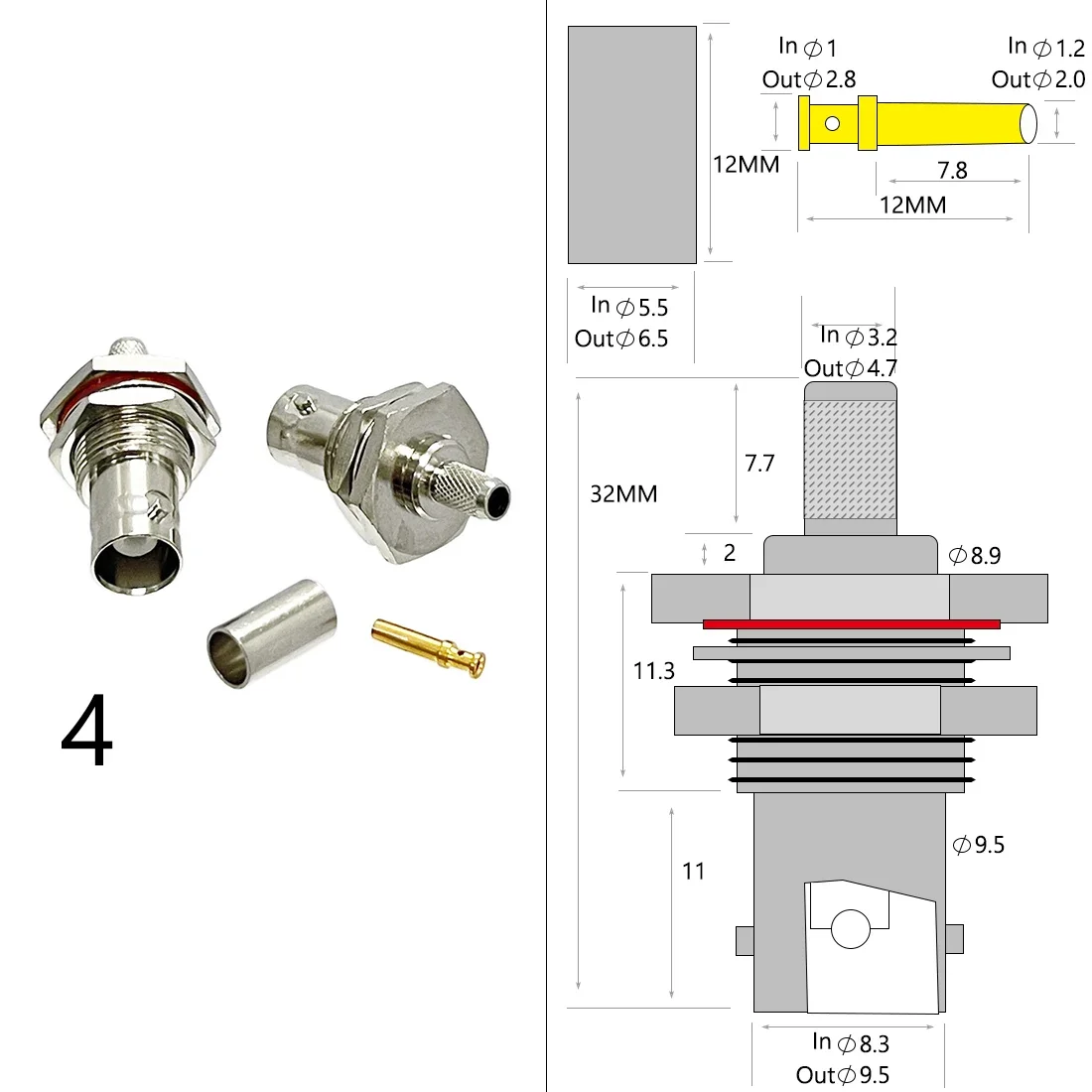 Conector coaxial BNC macho hembra Jack RF engarzado para Cable RG316 RG174 RG58 RG142 cobre niquelado con dibujo nuevo - imagen 5