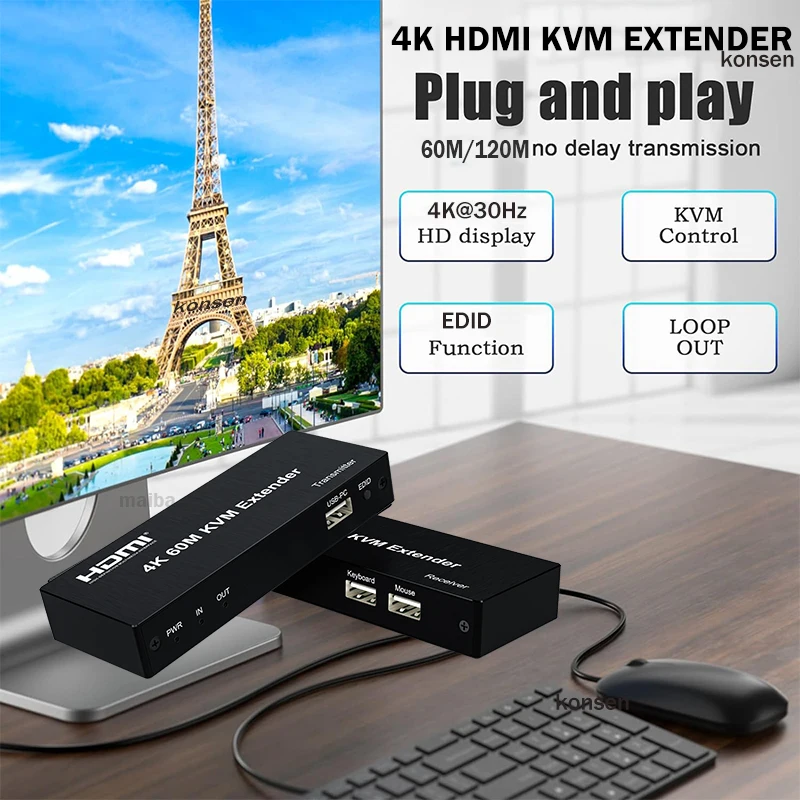 Extensor KVM 4K 30Hz HDMI 60M 120M sobre Rj45 Cat5e/6 Cable HDMI USB KVM Ethernet extensor compatible con teclado de ratón para PC HDTV NVR - imagen 2