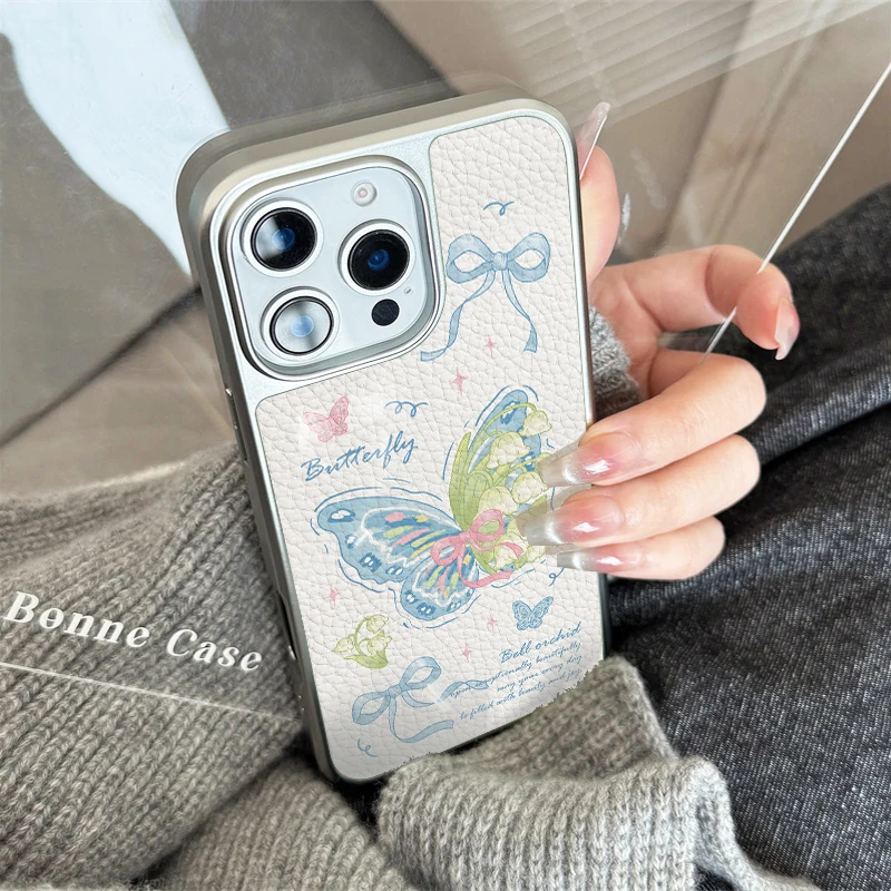 Funda de teléfono con mariposa azul para iPhone 11/12/13/14/15/16/17 Pro Max AIR PLUS, funda de teléfono epoxi con textura de cuero TPU - imagen 4