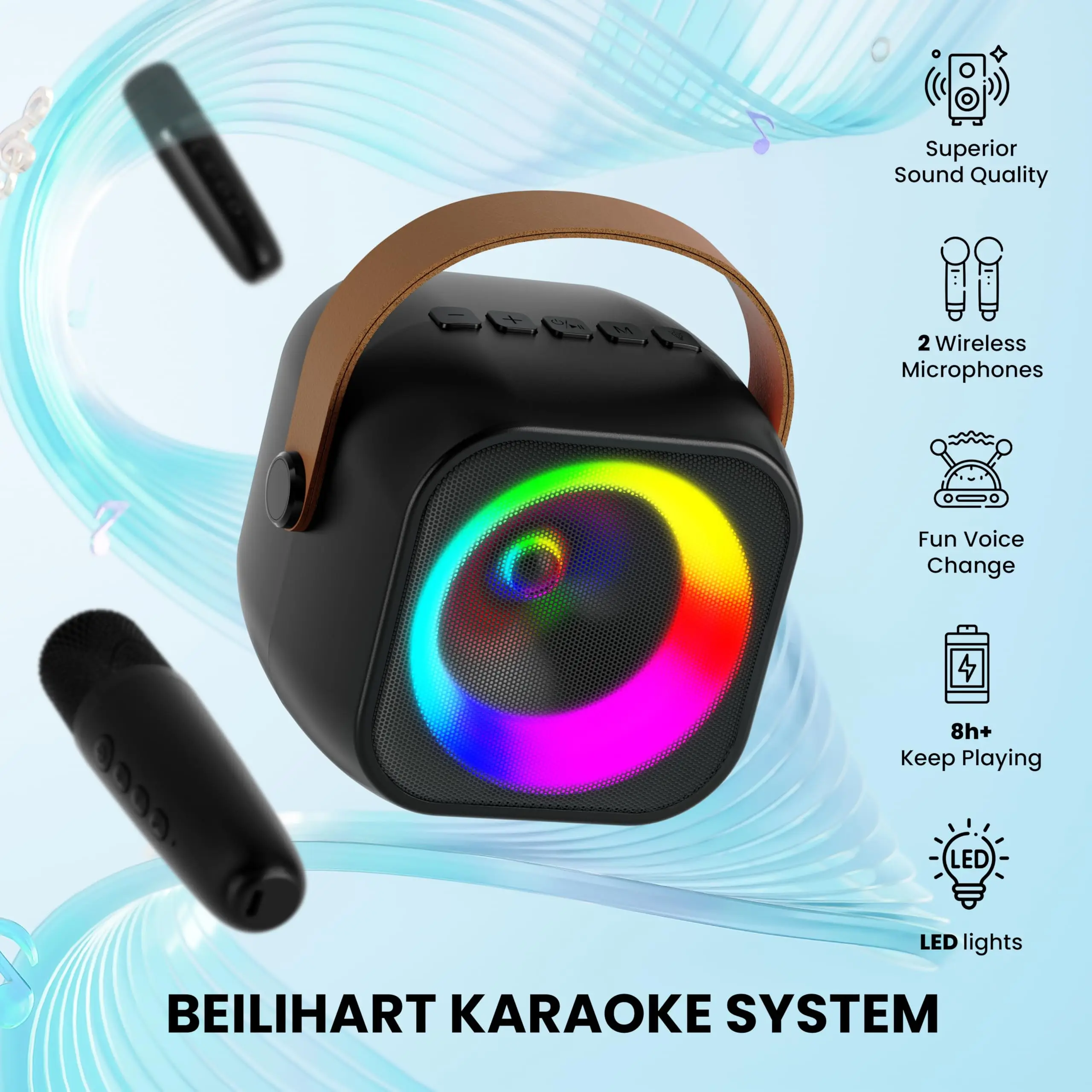 Haomuren-máquina de Karaoke portátil con micrófono inalámbrico 1 o 2 Mini Altavoz Bluetooth para niños que cantan, regalo de fiesta familiar - imagen 5