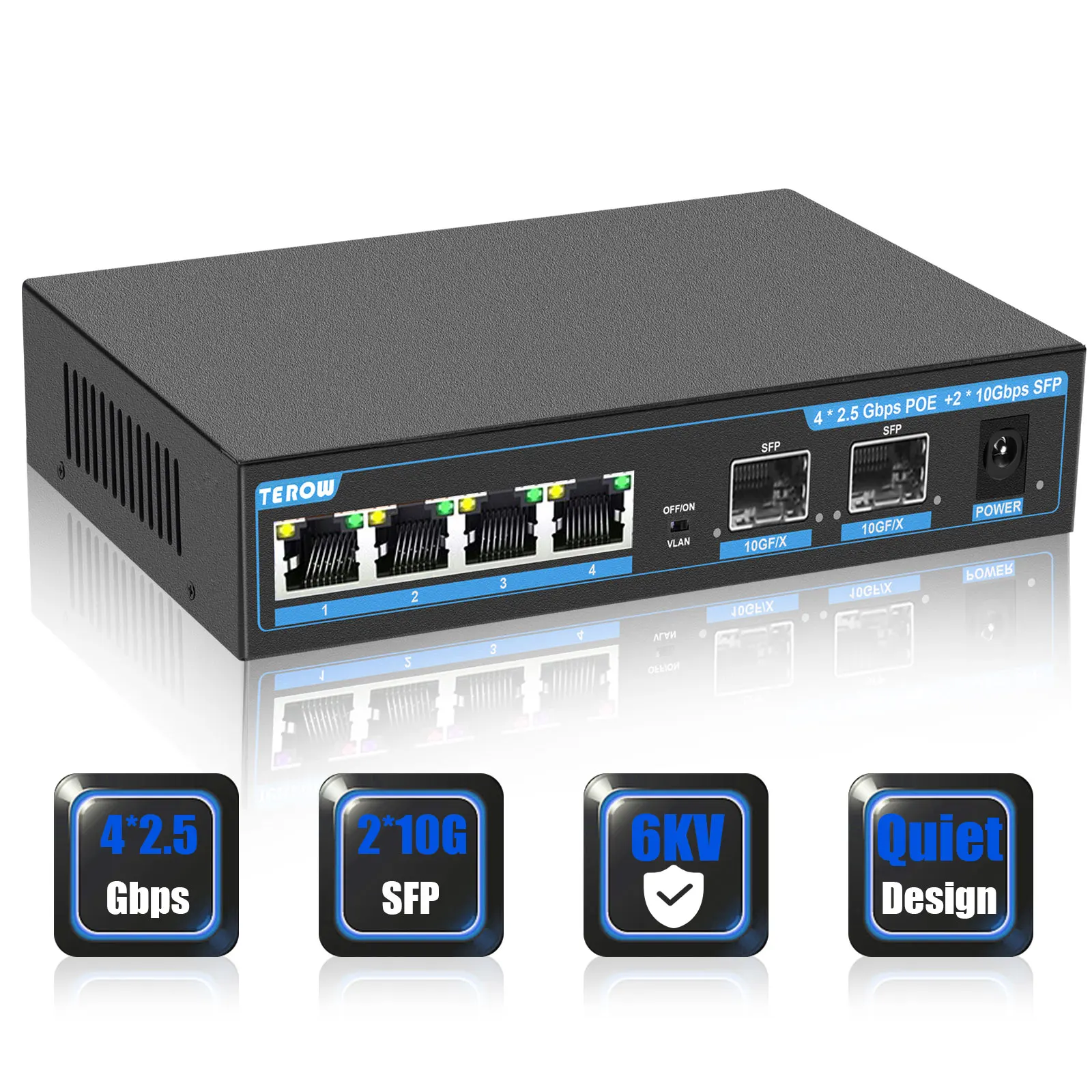 Conmutador POE no administrado de 6 puertos de 2,5 Gb con 4 puertos PoE Base-T de 2,5 G, 2*10G SFP+ Uplink 802.3af/at (PoE+) Conmutador PoE de 2,5G para NAS/PC - imagen 2