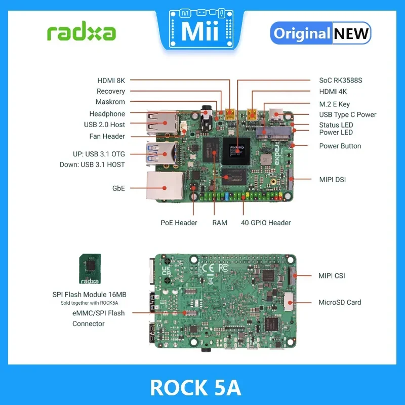 RADXA ROCK 5A RK3588S, alto rendimiento, 8 núcleos 64 bits