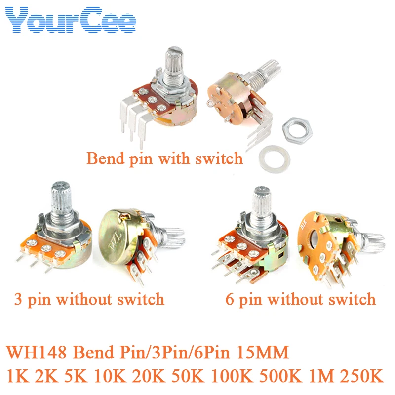 Pies doblados de potenciómetro lineal WH148, 5 uds., con interruptor B1K 2K 5K 10K 20K 50K 100K 500K 1M 250K 15mm, eje, arandelas de tuercas de 3/6 pines