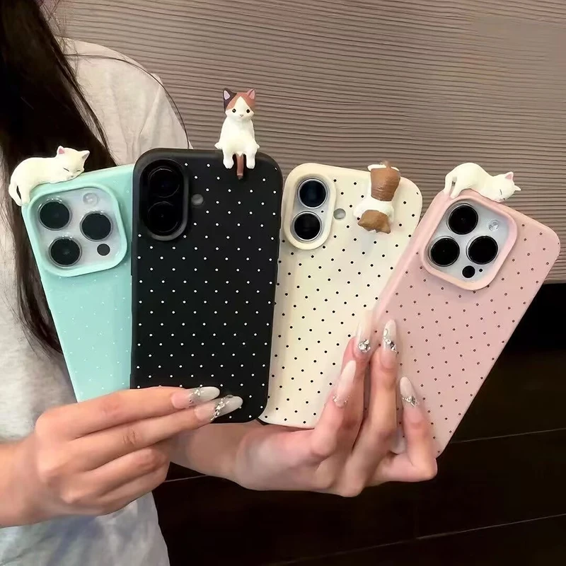 Funda de teléfono suave con diseño de lunares encantadores de Corea para iPhone 17 16 15 14 13 12 Pro Max Plus X funda a prueba de golpes con bonito gato de dibujos animados 3D