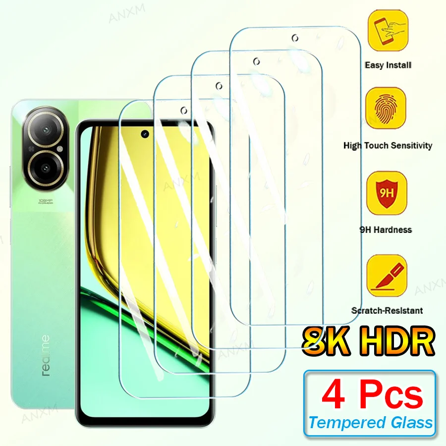 4 Uds cubierta completa de vidrio templado para Realme C67 C65 C63 C61 C60 C55 C53 C51 C51S Protector de pantalla película protectora de vidrio