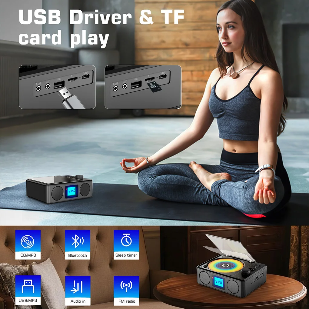 Reproductor de CD portátil compatible con USB/TF altavoz de Audio inalámbrico Bluetooth Radio FM reproductor de música pantalla LCD Radio FM enchufe UE/REINO UNIDO/EE. UU. - imagen 2