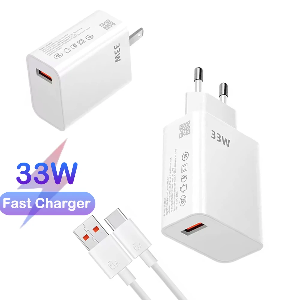 Cargador USB de 33W de carga rápida, cargador de pared con enchufe UE/EE. UU., Cable tipo C 6A para Xiaomi Redmi K30 K40, adaptador de teléfono de carga rápida para iPhone