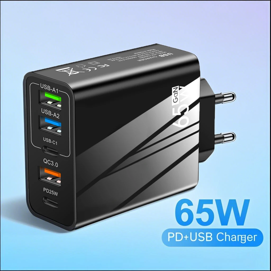 Cargador rápido PD de 65W, adaptador de pared multipuerto 3USB tipo C para iPhone 15, 14, 13, Xiaomi 13, Samsung, Huawei, enchufe europeo y estadounidense, diseño compacto