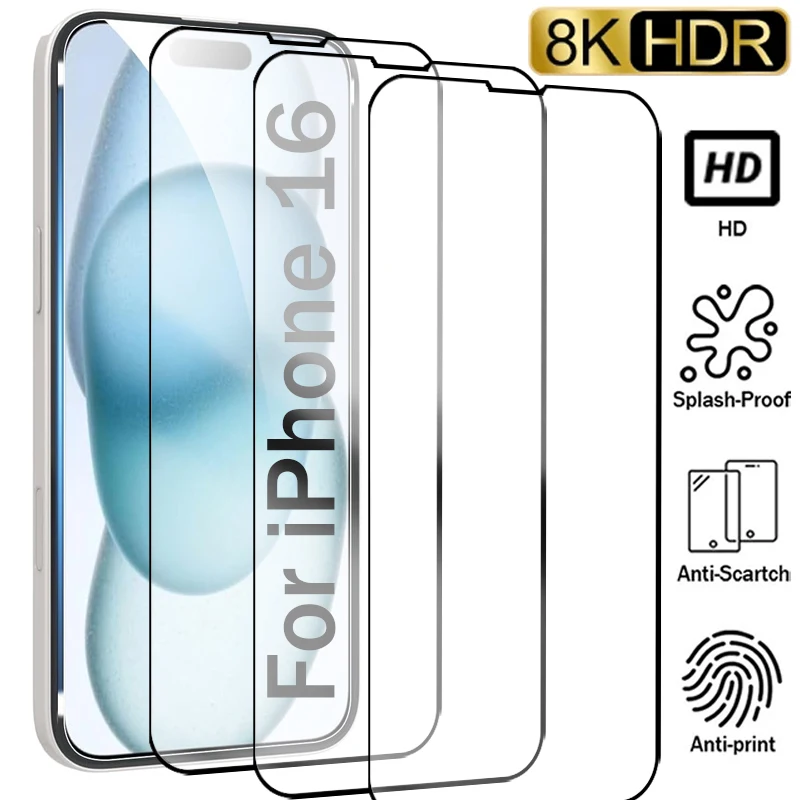Protector de pantalla para iPhone 16 Plus 16 Pro Max, cubierta de pegamento completo, películas protectoras de vidrio templado para iPhone 16, accesorios para teléfono
