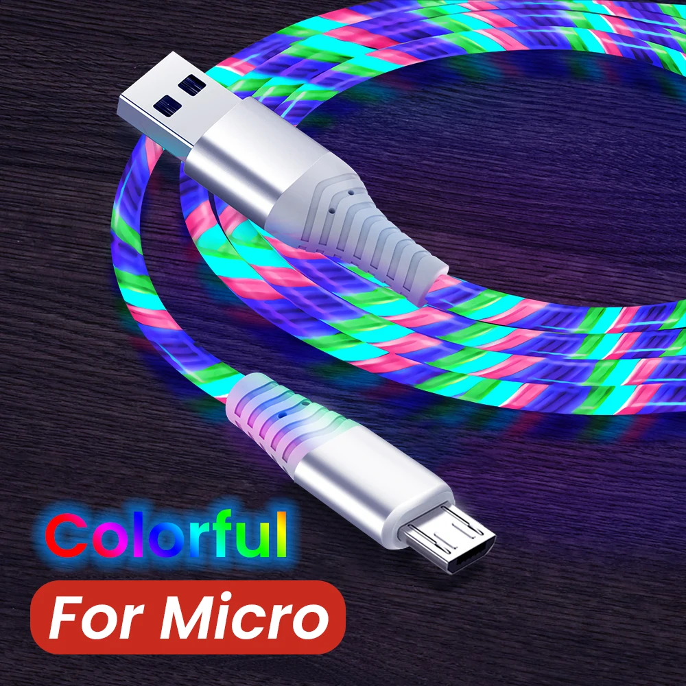 Cable de carga rápida MVQF, Cable LED brillante 6A, Cable de datos Micro USB TypeC, luz Streamer que fluye, Cable USB C LED para iPhone Xiaomi