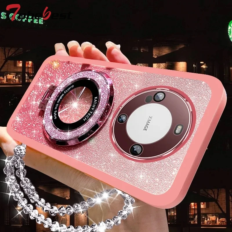 Funda de silicona con soporte Magsafe para Huawei Mate 60, 50, 40, 30, 20 Pro, pulsera de cristal brillante - imagen 3