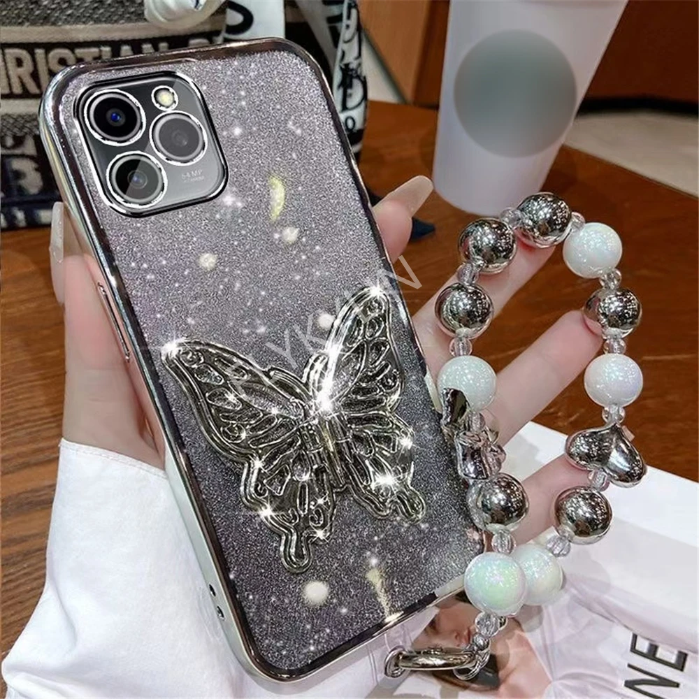 Soporte de teléfono con mariposa 3D, pulsera de cuentas, funda chapada con purpurina para iPhone 16 15 13 12 11 14 Pro Max XS Max XR 7 8 Plus - imagen 3