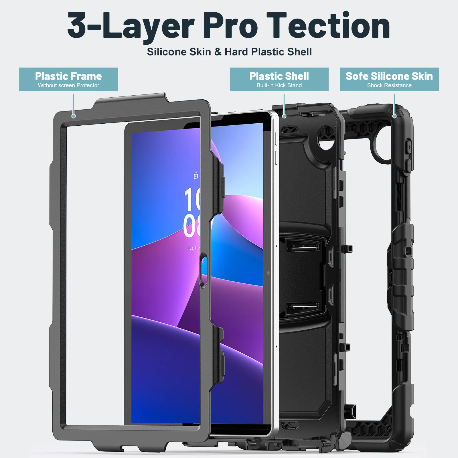 Funda resistente con soporte para Lenovo Tab 10,1 "2520 K10C TB311XU TB311FU cubierta resistente protección de 3 capas a prueba de golpes PC-silicona - imagen 3
