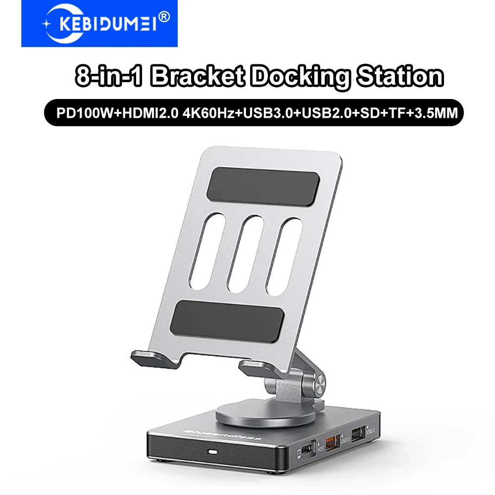 Estación de acoplamiento con soporte giratorio 8 en 1 aleación de aluminio USB C Hub tipo C a HDMI 2,0 4K 60Hz PD 100W USB 3,0 5Gbps para interruptor