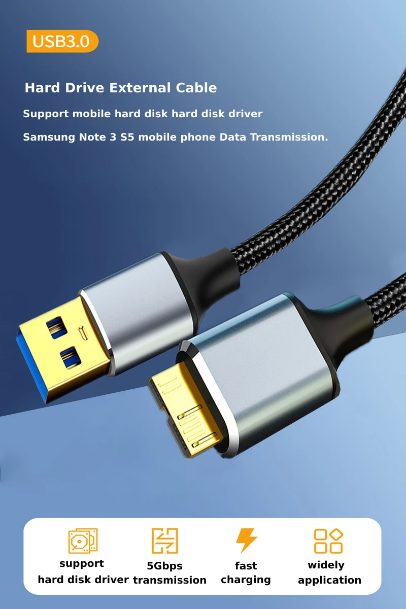 Cable externo para disco duro Micro B USB 3,0, Cable de datos de carga rápida 3A para Samsung Note 3 S5 con transmisión de alta velocidad de 5Gbps - imagen 3